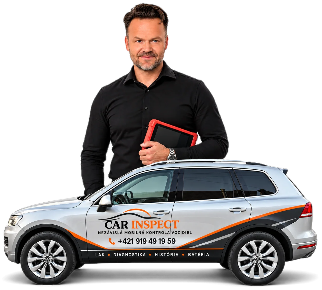 Mário Képesi z CarInspectu s diagnostickým tabletom za autom s polepom CarInspect